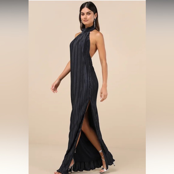 Lulus Gwenny High Neckline Satin Plisse Maxi Dress Dark Navy Blue - Size Medium - Picture 4 of 7